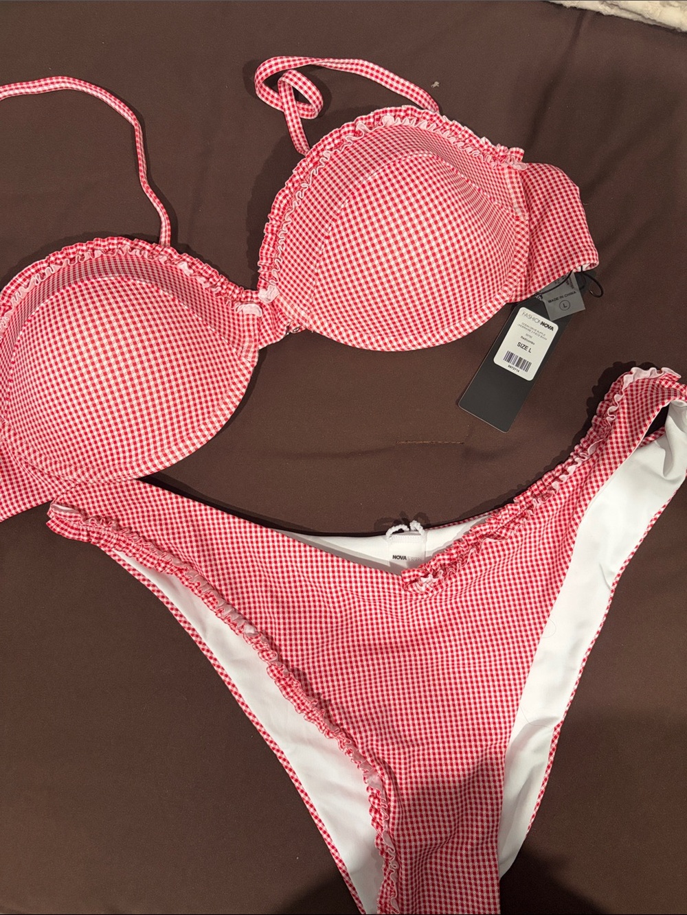 Fashion Nova Red Gingham Ruffled Bikini Set